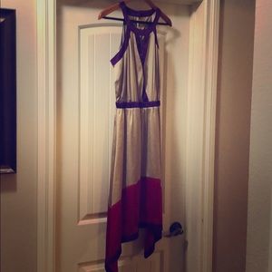Tan, pink and purple dress